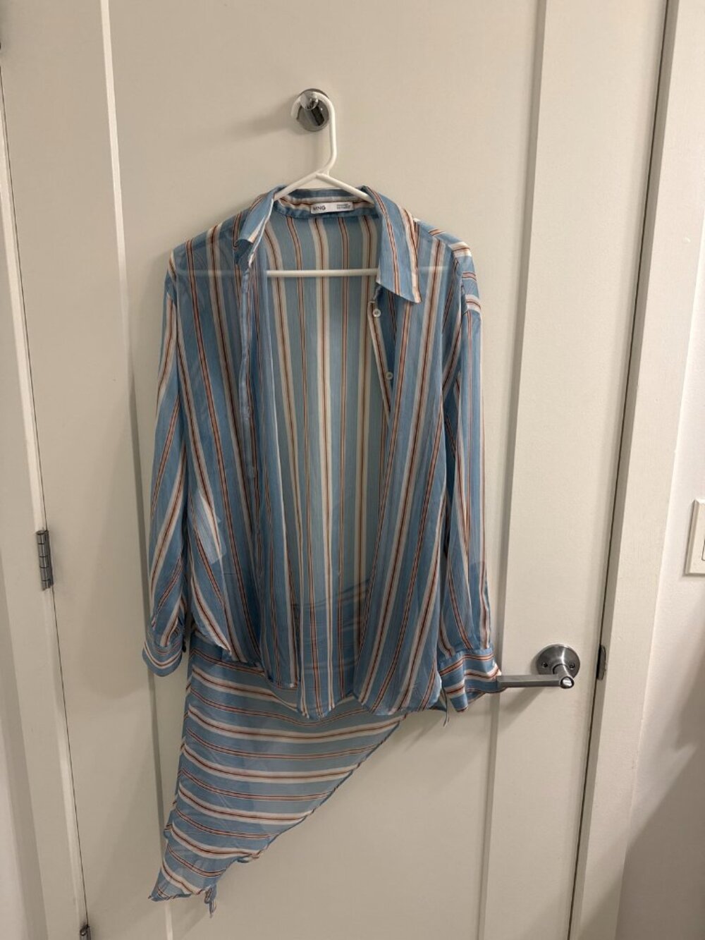 Mango Sheer Striped Button-Down Blouse Blue White Size 4 NWOT